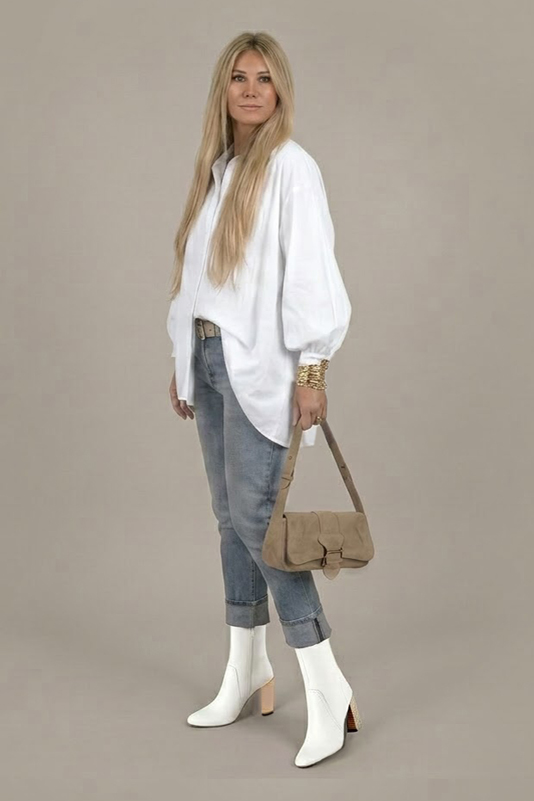 Dress ankle boots inside zip in off white leather with high block heels and round toe - Worn view
